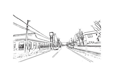 Building view with landmark of Osaka is the 
city in Japan. Hand drawn sketch illustration in vector.