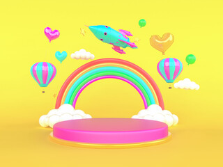 DIA DAS CRIANÇAS PODIUM 3D, PÓDIO, COMEMORAÇÃO FOGUETE BALÕES COLORIDOS 