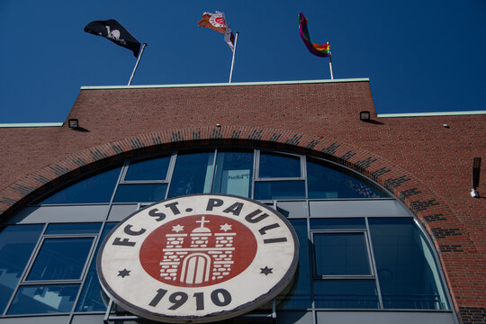 Hamburg, Germany  23 June 2022,  
The logo of the football club Fc ST. Pauli at the entrance to the Millerntor Stadium