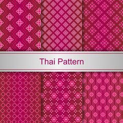 Set Thai seamless pattern on dark pink background. Vector illustration.