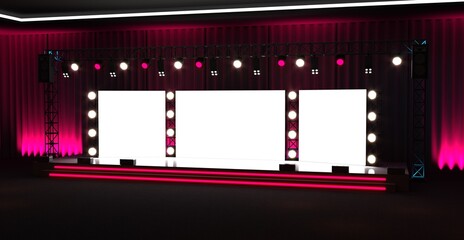 Empty stage design for mockup and corporate identity, display. Platform elements in hall. Blank screen system for graphic Resources. Scene event led night light staging. 3d rendering for online.