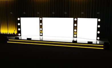 Empty stage design for mockup and corporate identity, display. Platform elements in hall. Blank screen system for graphic Resources. Scene event led night light staging. 3d rendering for online.