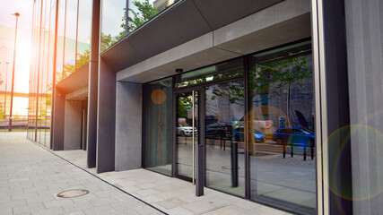 Glass windows and sidewalks in office buildings.