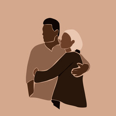 Abstract diverse love couple. Man woman characters romantic relationship, hugs contemporary style. Vector illustration