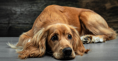 Cocker Spaniel Puppy laying down on a dark background, Long banner format