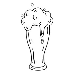 Linear sketch, doodle of an alcoholic drink, a glass of foamy beer.Vector illustrator.