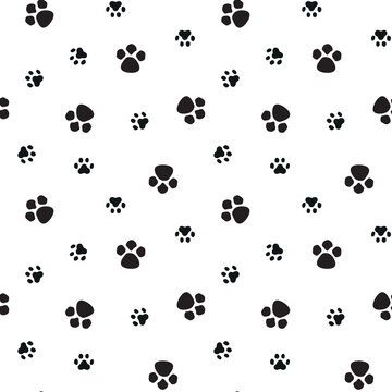 Animals paws prints seamless pattern. Cute black footprints shape on white background. Print for textiles and wallpaper. Vector illustration.