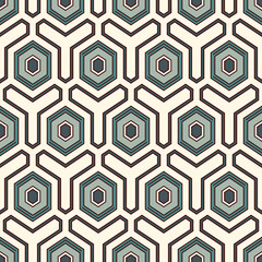 Honeycomb seamless pattern. Hexagon mosaic tiles ornament. Ethnic surface print. Repeated geometric figures background. Ornamental wallpaper. Modern geo design digital paper. Vector abstract artwork.