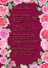 Watercolor wedding invitation with bunches of red roses.Format for printing A3.