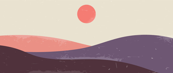 Horizontal vector landscape. Hills with moon or sun. Bauhaus. Vector illustration. 