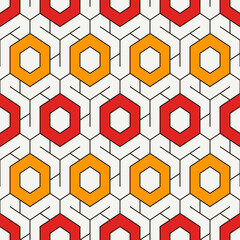 Honeycomb seamless pattern. Hexagon mosaic tiles ornament. Ethnic surface print. Repeated geometric figures background. Ornamental wallpaper. Modern geo design digital paper. Vector abstract work.