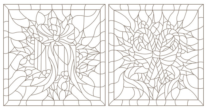 Set contour illustrations of the stained glass Windows on the theme of new year and Christmas with gift and candy