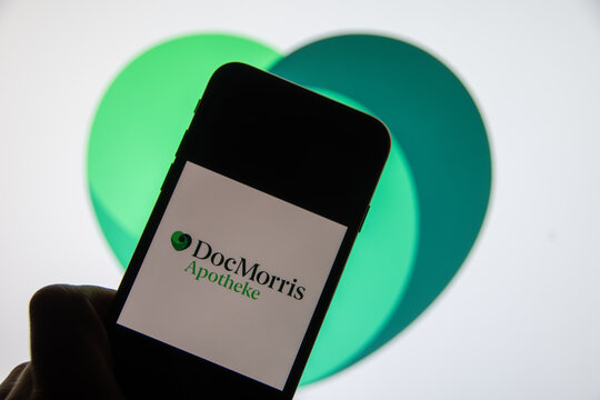 Rheinbach, Germany  21 April 2022,  The brand logo of the Dutch mail-order pharmacy "DocMorris" on the display of a smartphone (focus on the brand logo)