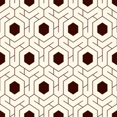 Honeycomb seamless pattern. Hexagon mosaic tiles ornament. Ethnic surface print. Repeated geometric figures background. Ornamental wallpaper. Modern geo design digital paper. Vector abstract work.