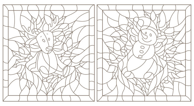 Set contour illustrations of the stained glass Windows on the theme of new year and Christmas,plush moose and snowman on background of Holly and ribbons