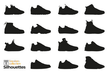 Set of isolated sneakers silhouettes for man and woman. Fashion elements. Dress shoes icons for designs.