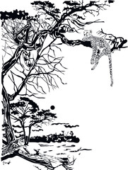African Wildlife Illustration – Leopard on Tree in Savannah Landscape