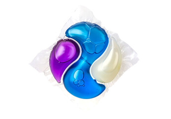 capsules with colored washing gel on a white background