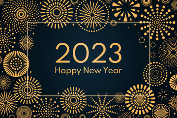 Golden fireworks 2023 Happy New Year, bright frame on dark background, with text. Flat style vector illustration. Abstract geometric design. Concept for holiday greeting card, poster, banner, flyer