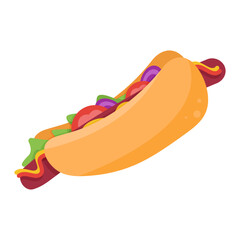 
delicious hot dog with sausage and vegetables. fast food and street food. flat illustration isolated on white background