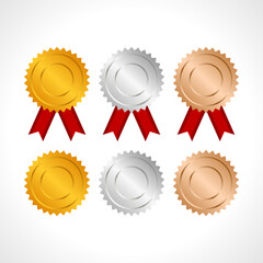 Award golden silver and bronze blank medals with ribbon realistic illustration