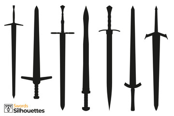 Collection of isolated silhouettes of different medieval and fantasy swords.