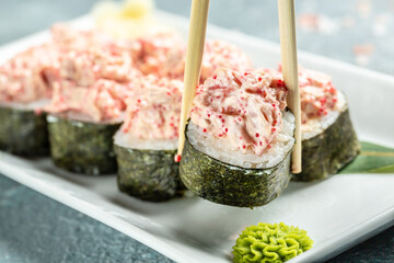 sushi roll tuna, Traditional rice combination, cucumber, cheese cream, spice tuna, Food recipe background. Close up