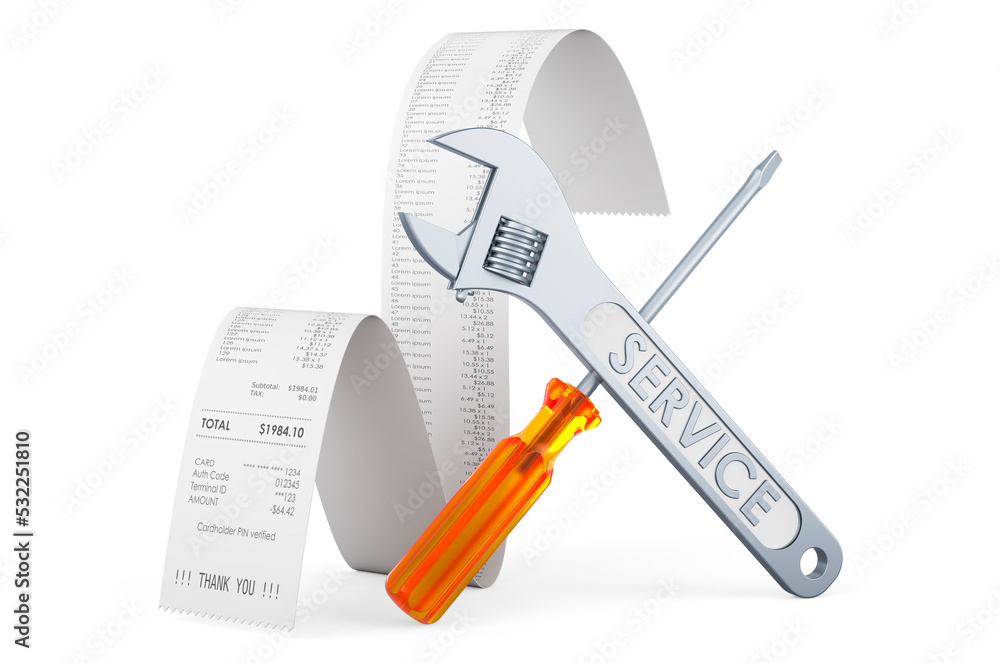 Poster printed receipt with screwdriver and wrench. 3d rendering