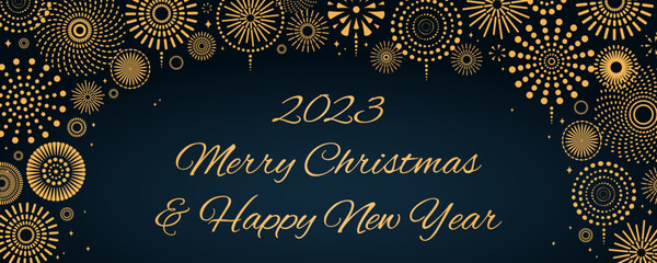 Golden fireworks 2023 Happy New Year, bright frame on dark background, with text. Flat style vector illustration. Abstract geometric design. Concept for holiday greeting card, poster, banner, flyer