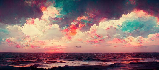 Fototapeta na wymiar Golden hour late afternoon sunset over pacific ocean - watercolor orange and red dusk clouds, far horizon and vast beautiful seascape. Colorful and tranquil summer travel feelings.