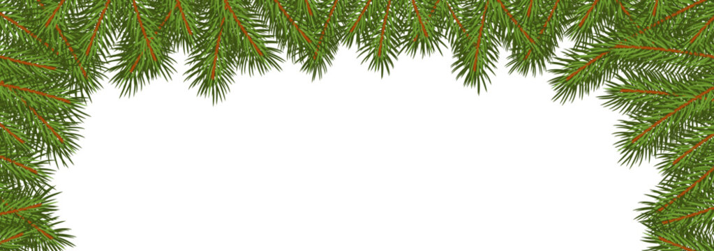 Chistmas frame of green fir branches on a white background with copy space. Flat vector illustration