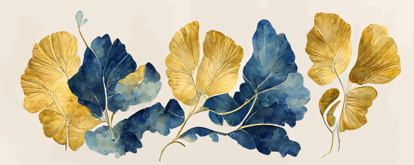 art background with blue and gold ginkgo leaves