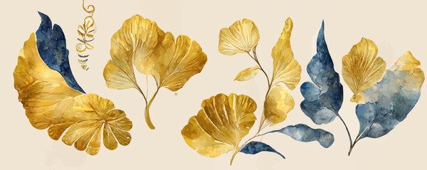 art banner with golden and blue ginkgo leaves