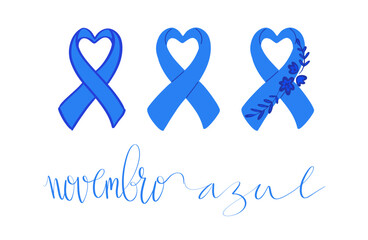 Novembro Azul translation from portuguese November Azure, Brazil campaign for men health issues awareness. Vector calligraphy and ribbon web banner