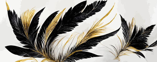  luxury black and white background with golden feathers - obrazy, fototapety, plakaty