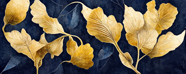 luxury dark blue art background with golden ginkgo leaves
