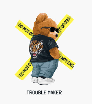 trouble maker slogan with cool bear doll in tiger t-shirt on yellow tape vector illustration