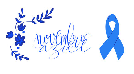 Novembro Azul translation from portuguese November Azure, Brazil campaign for men health issues awareness. Vector calligraphy and ribbon web banner