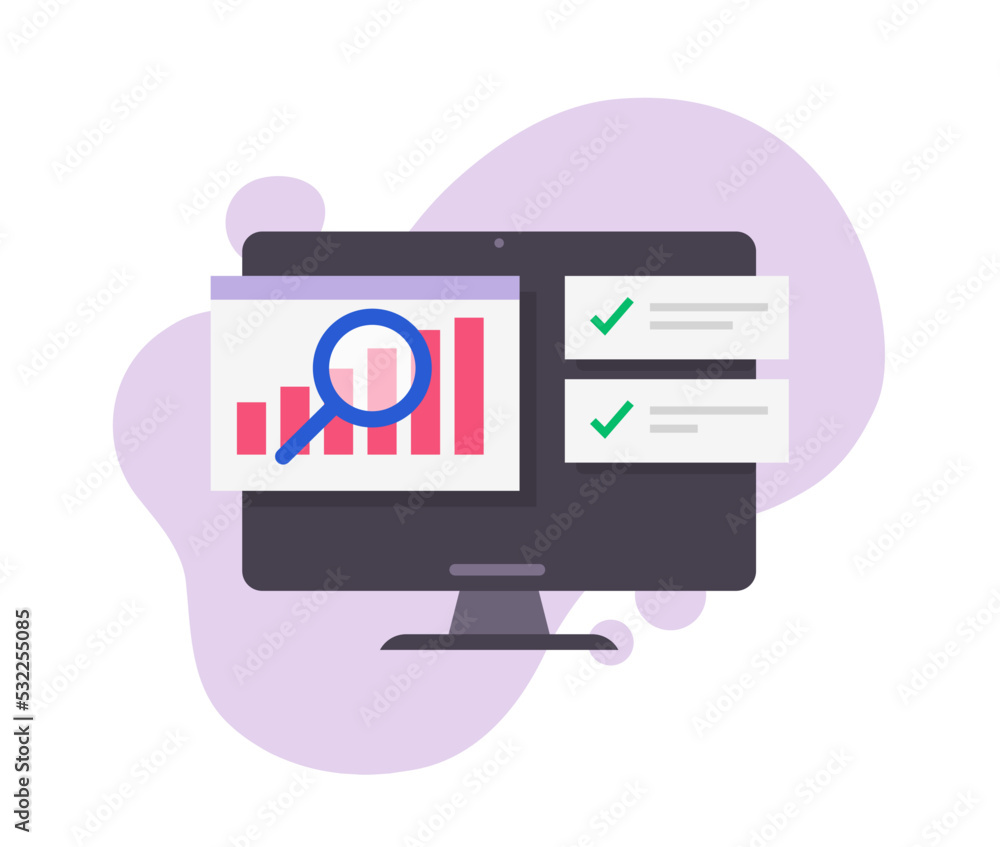 Poster research analysis graph diagram report on computer report vector icon, audit finance sales data grow