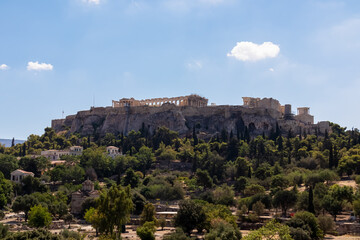Fototapeta na wymiar Panoramic view of the Acropolis seen from Areopagus Hill with the Propylaea to the foreground, Athens, Attica, Greece, Europe.Ruins of ancient temple, birthplace of democracy and civilization