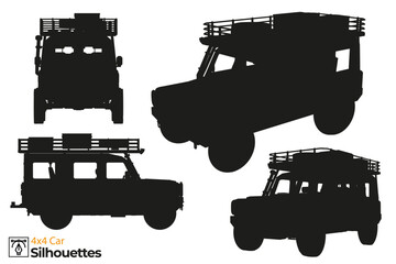 Collection of isolated 4x4 car silhouettes.