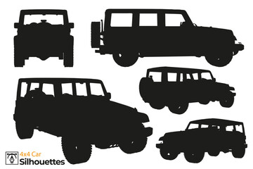 Collection of isolated 4x4 car silhouettes.