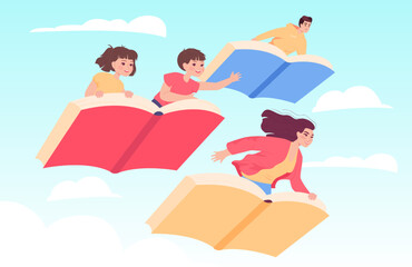 Cartoon family flying on open books in sky. Children, man and woman flying high on books flat vector illustration. Fantasy, literature, education concept for banner, website design or landing web page