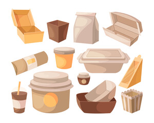 Carton cups and boxes with takeout food vector illustrations set. Cartoon drawings of cardboard containers, paper bags for lunch isolated on white background. Food delivery, takeaway concept