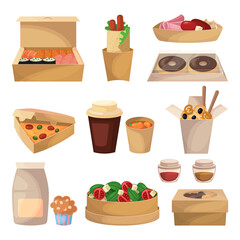 Takeaway packaging with different meals vector illustrations set. Cartoon drawings of disposable takeout containers with pizza, sushi, noodles, salad on white background. Food delivery service concept