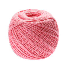 A skein of pink woolen threads for machine knitting, isolated on a white background. Side view.