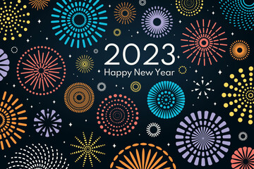 Colorful fireworks 2023 Happy New Year, bright on dark background, with text. Flat style vector illustration. Abstract geometric design. Concept for holiday greeting card, poster, banner, flyer