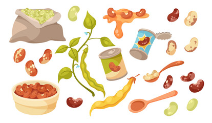 Beans in bag, container or can vector illustrations set. Cartoon drawings of pulses, soybeans, canned beans, plant with leafs and sprout isolated on white background. Food, nutrition concept