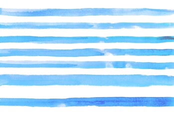 Watercolor blue and white stripes background. Hand painted lines