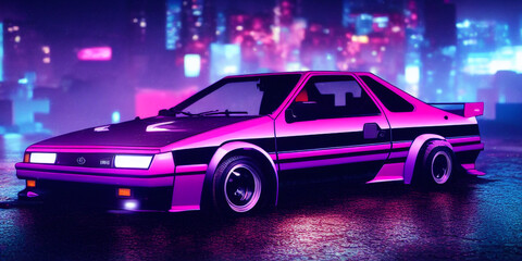 Fototapeta premium AE86 style concept Retro racing car with spoilers on abstract neon city background